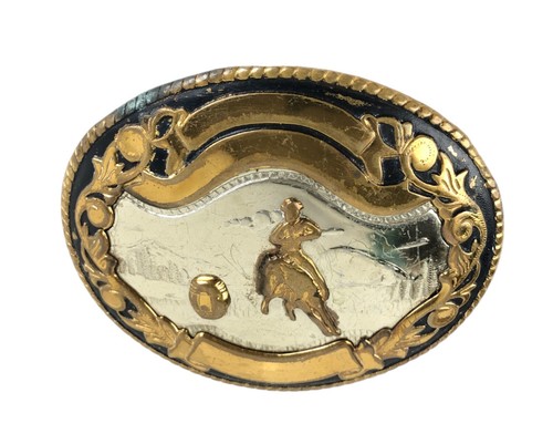 Vintage German Silver & Brass Oval Belt Buckle LEE Jeans Rodeo Bucking Bronco - Picture 2 of 4