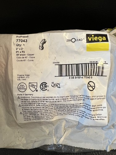 Viega 77043 Propress Copper 45 Degree Elbow Fitting, 2"x2", P1 x P2 - NEW