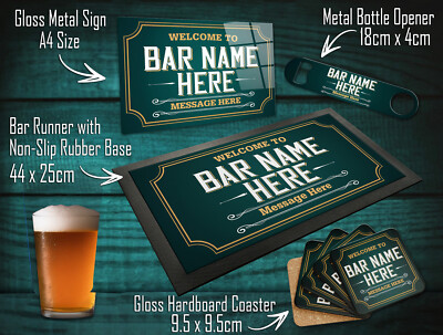 Personalisierte Barartikel für Home Pub - Bar Läufer, Untersetzer, Flaschenöffner, Schild