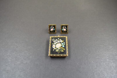 antike Pietra Dura Anhänger und Ohrringe Silber vergoldet um 1880  top Zustand!