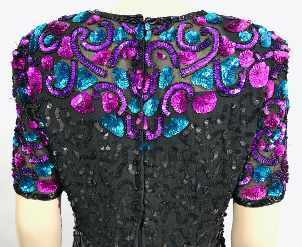 复古 Stenay 真丝连衣裙闪闪发光亮片蓝色粉色 L — 第 3/4 张图片