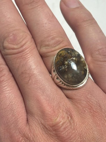 Natural Yemeni agate ring, moss natural colors silver distinctive natural stone - Picture 7 of 24