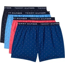 TOMMY HILFIGER Mens Woven Boxers 4 Pack S M L XL Blue 100% Soft Cotton Elastic