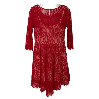 green emerald velvet dress Free People Red Floral Mini Dress with Lace Trim, Open Back and Balloo   The Thrifty Hippy