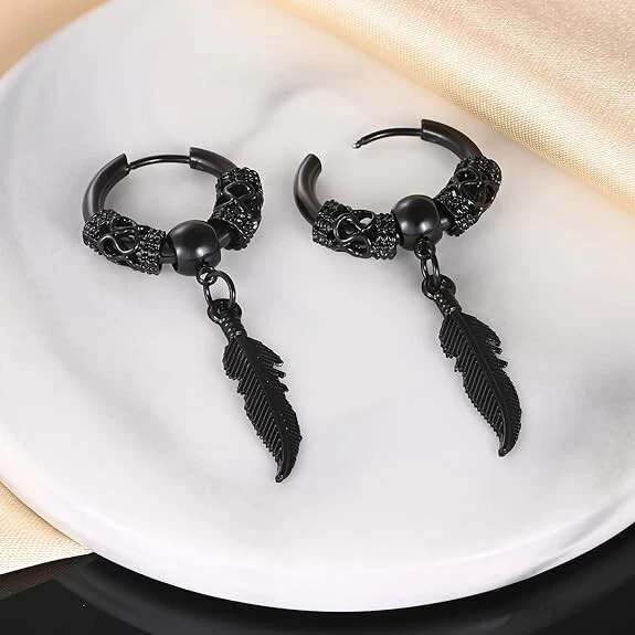 Pendiente Hipoalergénico Titanio Vikingo Punk Pluma Bola Círculo Halloween Unisex Foto 4 de 4