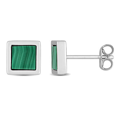 Amour Sterling Silver Malachite Square Stud Earrings