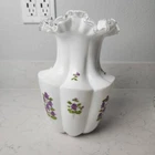 Fenton Hand Painted Violets in the Snow Milk Glass Silver Crest Vase