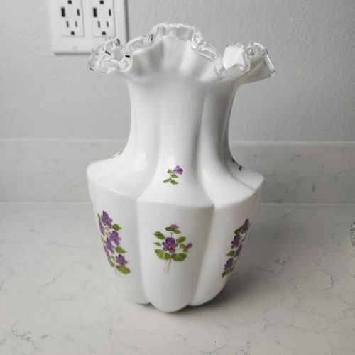 Fenton Hand Painted Violets in the Snow Milk Glass Silver Crest Vase