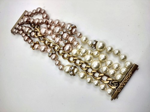 Bracciale vintage Givenchy multifilo perle finte tono oro catena maglia passerella. - Foto 5 di 20