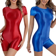 Women Shiny Satin Short Sleeve Bodysuit Stretch Fitness Romper Jumpsuit Lingerie