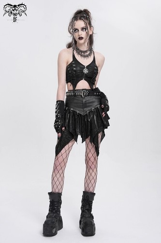 Devil Fashion Black Gothic Punk O-Ring Irregular Hem Spliced Pleated Mini Skirt - Picture 11 of 24