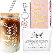 5PCS School Counselor Gift Set – Tumbler, Makeup Bag, Notebook, Pen, Keychain