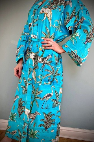 Indian Handmade Blue Jungle Printed Cotton Kimono Robe One Size Women Robe - Picture 4 of 4