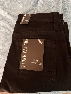 Stone Falcon Men's Black Slim Fit Stretch Straight Denim Jeans Dark Wash Logo