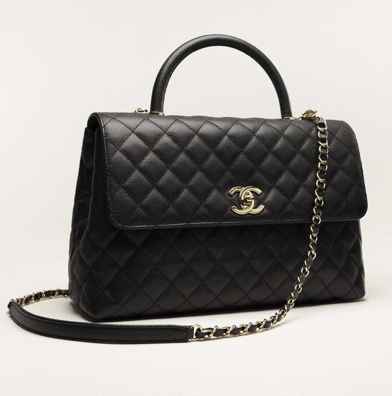 CHANEL BAG Maxi Flap Coco Top Handle Handbag Gold CC Black Caviar Leather NEW
