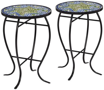 Black Outdoor Accent Tables 14'' Wide Set of 2 Blue Wave Mosaic for Porch