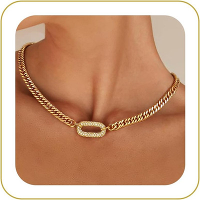 Gold Necklace for Women, 14K Gold Plated Chunky Cuban Link Chain Herringbone Pap