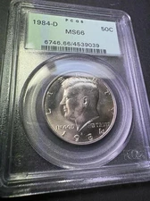 1984 D Brilliant Uncirculated Kennedy Half PCGS MS66 early green label holder