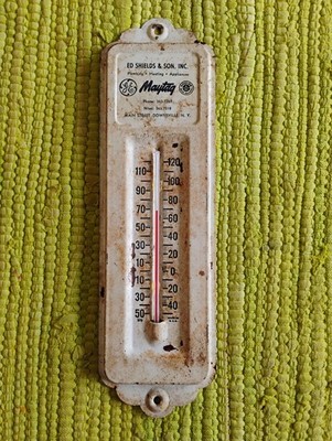 Vintage Maytag GE Goulds Ed Shields THERMOMETER Advertising Sign Downsville NY