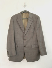 Marks & Spencer Jacket 100% Wool Beige Blue Check Lined Blazer Size 44 Long