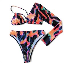 NWT PrettyLittleThing 3pc Neon Festival Strappy 1 Sleeve Bikini  Sarong/Wrap Sz8