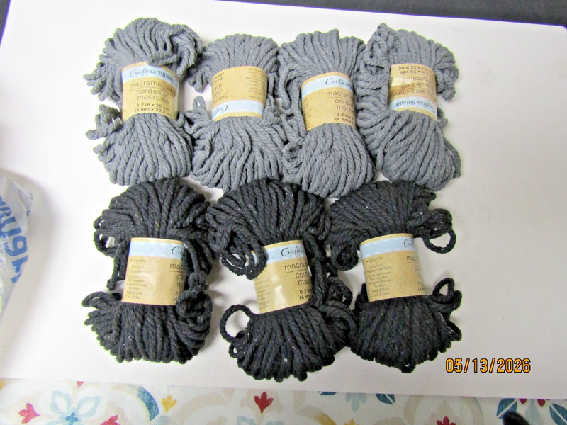 LOT OF 7 CRAFTERS SQUARE MACRAME CORD, 4 GREY & 3 CHARCOAL, .2" X 25 YARDS EACH,