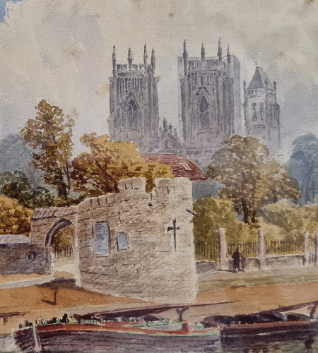 Victorian Watercolour York Minster from River Ouse Signed E.C. Crowther 1880s (photo 3)