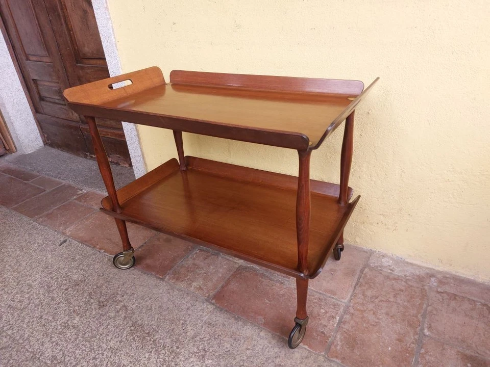 TAVOLINO CARRELLO BAR ANNI '50 LEGNO INCURVATO OTTONE VINTAGE DESIGN - Immagine 4 di 4