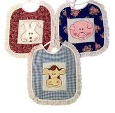 Vintage Homemade Baby Bibs Bib Lot of 3 Lace Eyelet Painted Pig Cow Bunny Animal
