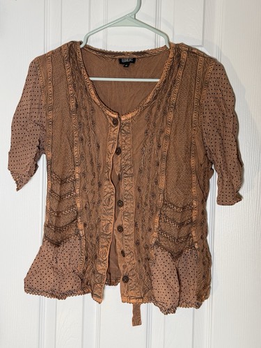90er Cottagecore braun Knopfleiste Bauern Top Tie Back Kurzarm Boho M - Bild 9 von 14