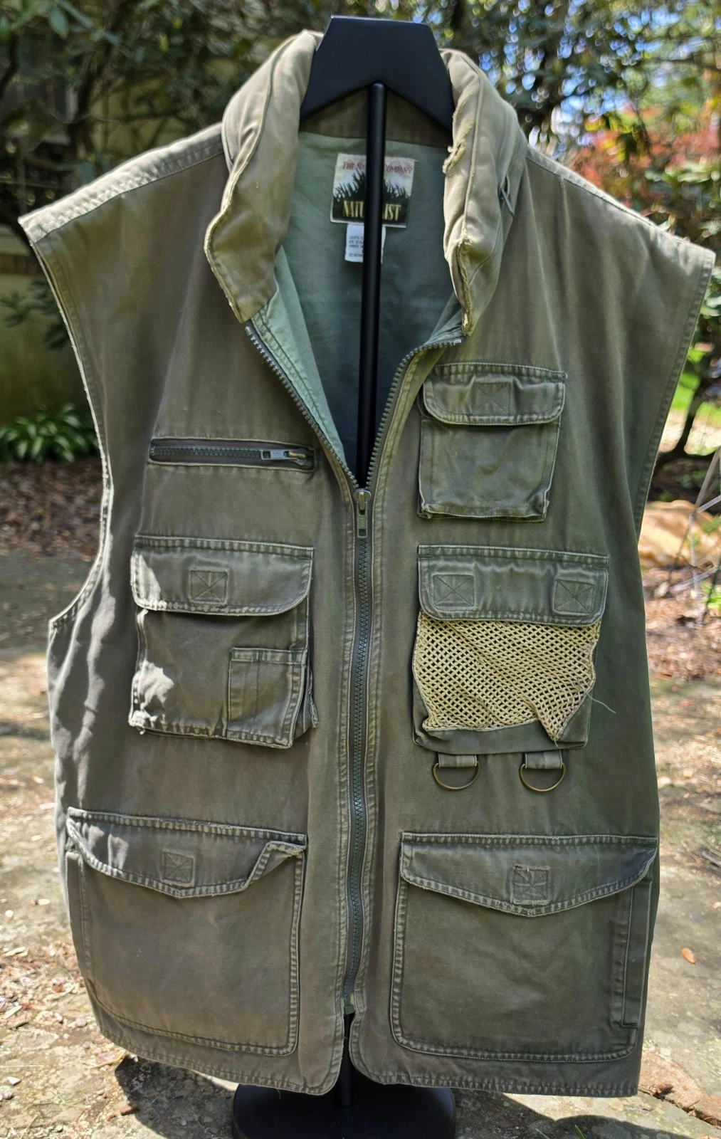 Vtg The Nature Company Utility Fishing Hunting Vest Olive Green Distressed Sz M