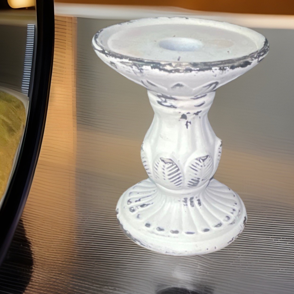 Vtg White Ceramic Pillar Candle Holder - Distressed Shabby Chic Farmhouse 4.5”