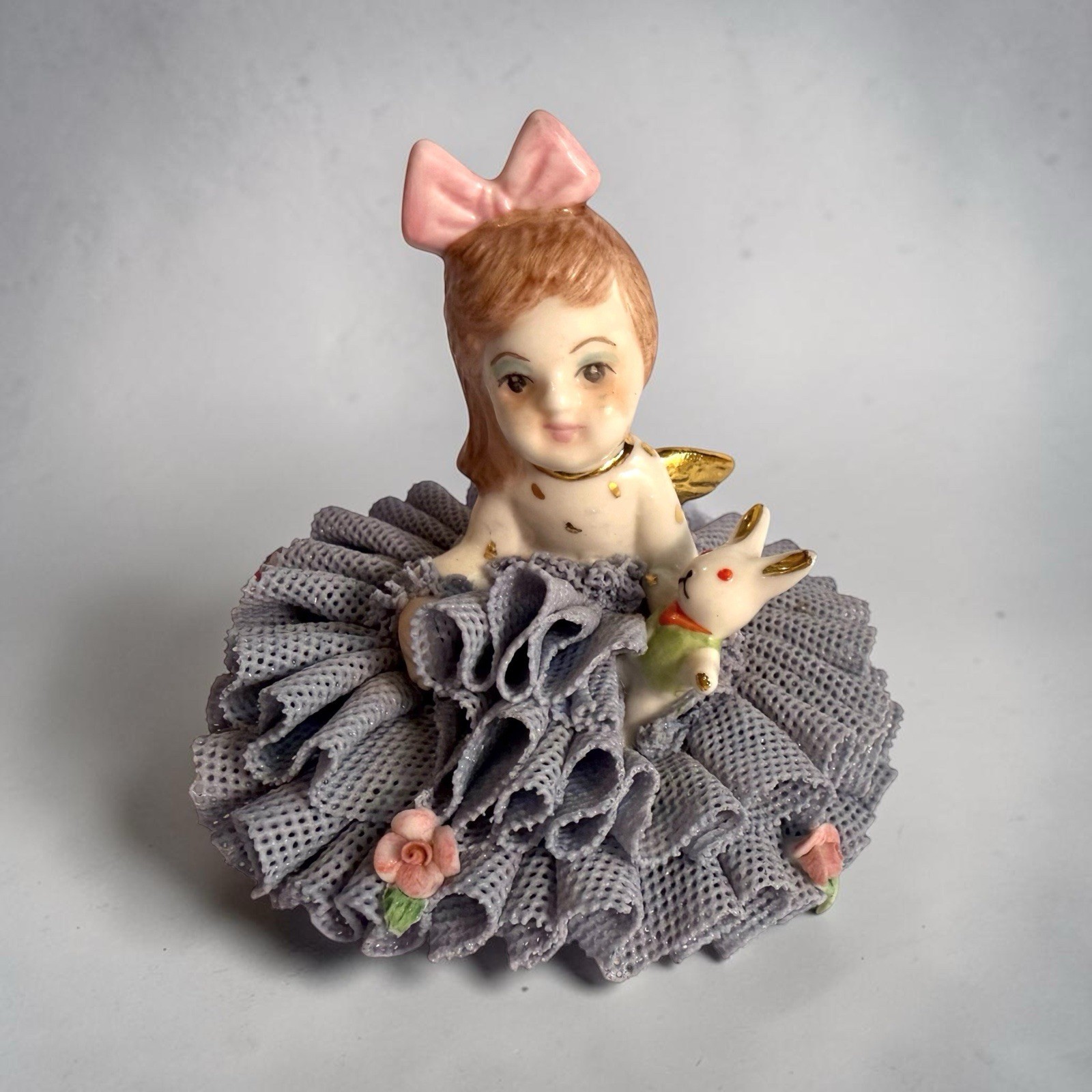 Irish Dresden Angel Porcelain Lace Doll Figurine Lavender Purple Gold Rabbit