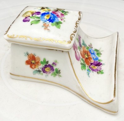 ANTIQUE & RARE GERMAN DRESDEN PORCELAIN INKWELL BASE 3.6'', FLORAL, XIX CENTURY