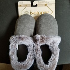 NWT ISOTONER Memory Foam Faux Fur Trimmed Women's Slippers Gray Size XL 9.5-10.5