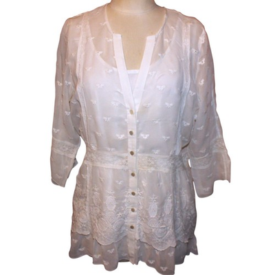 #ad Vintage SUNDANCE Misty Dreams Silk Tunic Top L Embroidered Lace Mesh Boho Ivory $20.00