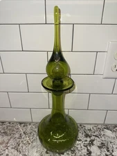 Vtg Green Genie Bottle Rainbow Art Glass Decanter Flame Stopper 16” Blenko Style