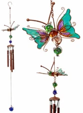 Stained Glass Flitting Butterfly Copper Metal Wind Chime 23"Long Outdoor Decor