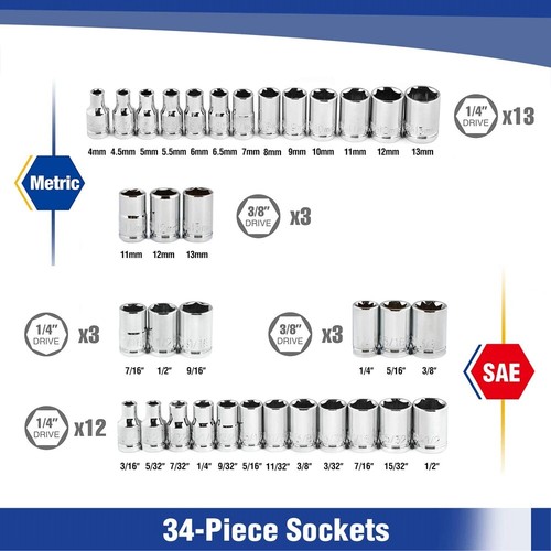 WORKPRO 39PCS Drive Socket Set 1/4" 3/8" Socket Wrench Set Metric SAE With Case - Picture 4 of 12