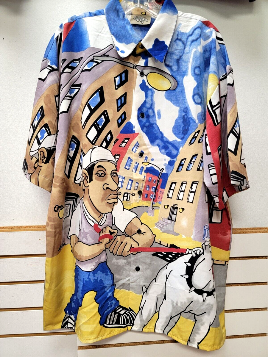 hip hop dress shirts Men's Preppy Style,Featuring A High-Street Hip-Hop Oversized, Monster With A Spiked Mouth Print And Blue Stripes Shirt #newprintedshirt #printedshirts #newcollection #roarmen #roarfox