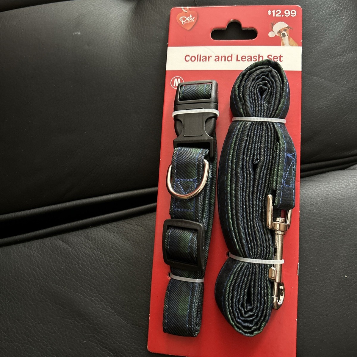 Christmas Dog Collar Leash Set, Blue/ Plaid Dog Matching