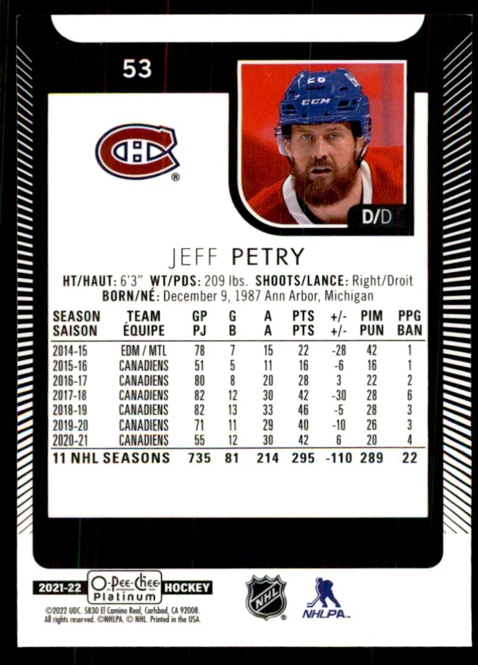 2021-22 O-Pee-Chee Platinum Jeff Petry Hockey Cards #53 - Image 2 of 2