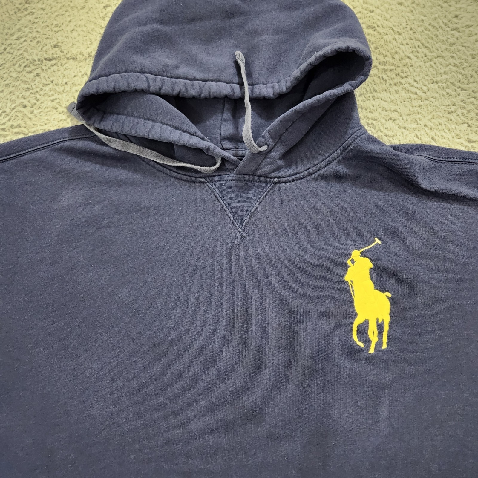 Vintage Polo Ralph Lauren Felpa con Cappuccio Uomo 4XB Big Blu Sbiadito Big Pony Pullover *Leggi*