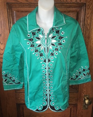 Bob Mackie Wearable Art Jacket Embroidered Cut Out Design Teal Green Size L