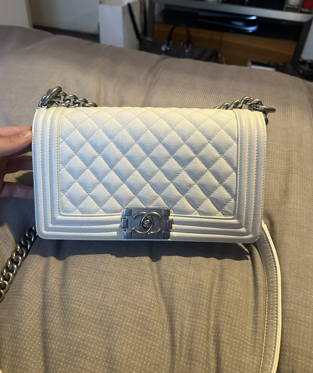 Chanel Boy Bag Caviar Medium White Silver-tone hardware Handbag - New model 2023