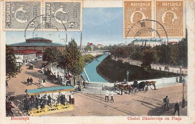 L092 Romania 1923 Bucharest Cheiul Dambovitei Market Horse pulled tram postcard