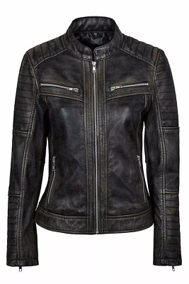 Women's Distressed Black Slim fit Biker Vintage Motorcycle Real Leather Jacket