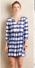 Maeve Blue/White Plaid Shirt Dress V-Neck 3/4 Sleeve Pockets Tie Waist S