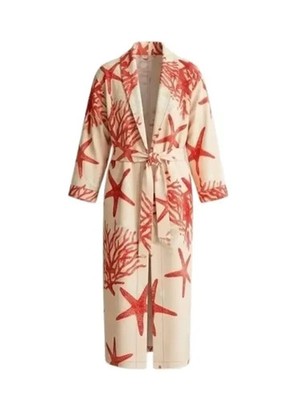 Mens Starfish Print Robe Cotton Bathrobe Belted Kimono Style Lounge Robe