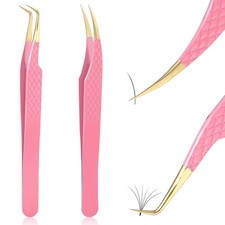 2PCS Professional Lash Tweezers Set, Bent  Straight Tip Precision Pink